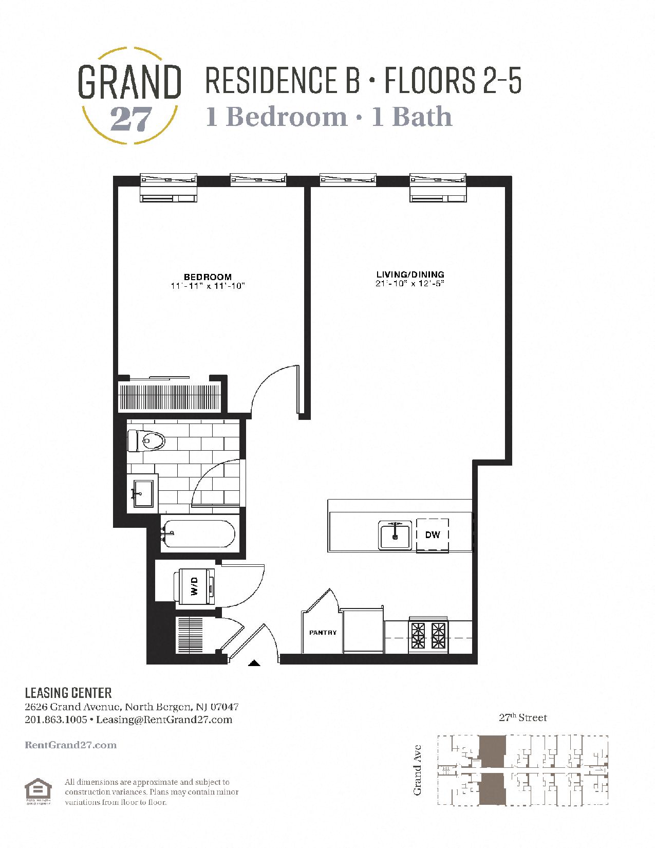 Floor plan for 1 bed, 1 bath, 711 sqft